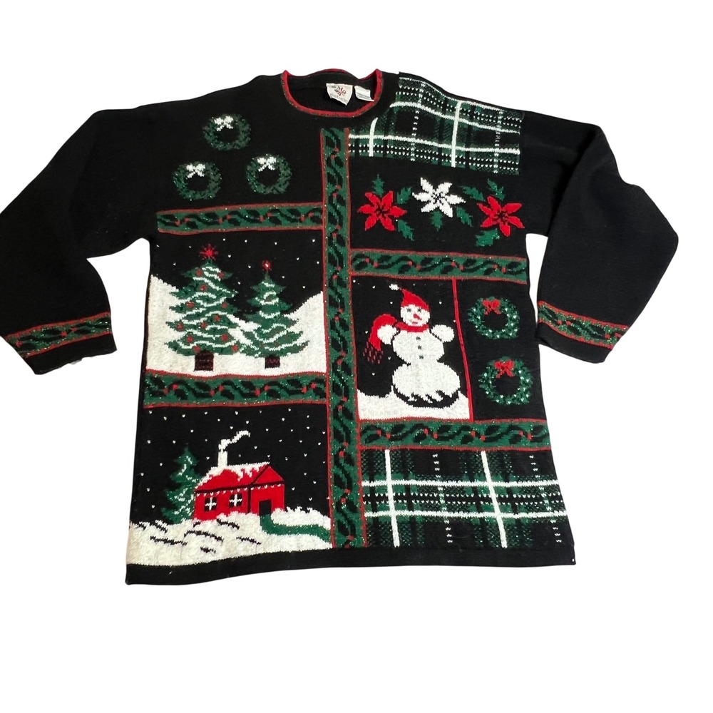 Vintage NutCracker Ugly Christmas Sweater Snowman‎ Trees Metallic Black XL USA